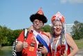 KALININGRAD, RUSSIA. A family portrait of the Russian fans in national headdresses. The FIFA World Cup in Russia