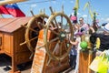 KALININGRAD, RUSSIA - JUNE 19, 2016: Big steering wheel on the barque Kruzenshtern moored in the Kaliningrad Sea Port.