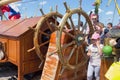 KALININGRAD, RUSSIA - JUNE 19, 2016: Big steering wheel on the barque Kruzenshtern prior Padua in the Kaliningrad Sea Port.