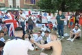 KALININGRAD, RUSSIA 2018. The improvised fan zone of the English fans on Leninsky Avenue. The FIFA World Cup in Russia