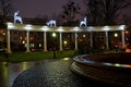 KALININGRAD, RUSSIA. Light sculptures of deer on a colonnade in Theatrically square Royalty Free Stock Photo