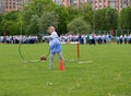 KALININGRAD, RUSSIA.The little girl throws a hoop at the competitions Cheerful Starts