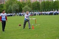 KALININGRAD, RUSSIA. The man throws a hoop at the competitions Cheerful Starts