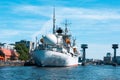 KALININGRAD, RUSSIA - MAY 13, 2018: Cosmonaut Viktor Patsaev - research vessel in the embankment of the World ocean museum