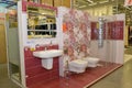 KALININGRAD, RUSSIA. Exhibition stand with samples of plumbing in the finishing materials store