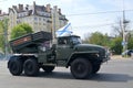 KALININGRAD, RUSSIA - MAY 09, 2015: A fighting vehicle BM-21 (Grad MLRS) on the basis of the car 