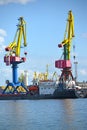 KALININGRAD, RUSSIA.Two port cranes work in trade seaport