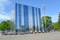 KALININGRAD, RUSSIA. View of the exhibition pavilion of the naval center `Cube of Water` and the open exposition of marine weapo