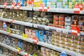 Canned fish on shelves of local Russian supermarket