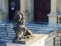 A sculpture of a lion with a shield at the entrance to the museum. Konigsberg Stock Exchange Royalty Free Stock Photo