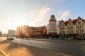 Kaliningrad, Russia - November 2020: View of the Rybnaya village, illuminated by the sun`s rays, from the side of Oktyabrskaya