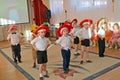 KALININGRAD, RUSSIA. Boys execute dance of mushrooms. A morning performance in kindergarten