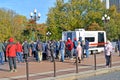 KALININGRAD, RUSSIA. People queue for vaccination at a medical mobile station. The epidemic of coronavirus COVID-19. Victory Squar