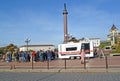 KALININGRAD, RUSSIA. Queue of people for vaccination at a medical mobile station. The epidemic of coronavirus COVID-19. Victory Sq