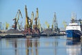 KALININGRAD, RUSSIA. Port easels on coal loading. Trade seaport Royalty Free Stock Photo