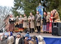 KALININGRAD, RUSSIA. The Russian national folklore ensemble performs in the park at the celebration of Maslenitsa Royalty Free Stock Photo