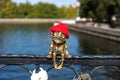 Kaliningrad, Russia - September 28, 2020: Bronze miniature sculpture of Homlin`s grandfather on the Honey Bridge in Kaliningrad