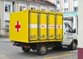 KALININGRAD, RUSSIA. The cargo ambulance costs in the territory of hospital of emergency medical service. The Russian text - Medi