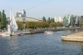 Kaliningrad, Russia - September 2020: Embankment on Pregolya river. Monument to fishermen and Nicholas Wonderworker. Pleasure Royalty Free Stock Photo