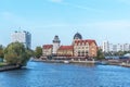 Kaliningrad, Russia - September 28, 2020: Panoramic view of the Fish Village on the embankment in Kaliningrad. House of Soviets in