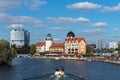 Kaliningrad, Russia - September 28, 2020: Panoramic view of the Fish Village on the embankment in Kaliningrad. House of Soviets in