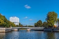 Kaliningrad, Russia - September 28, 2020: Panoramic view of the House of Soviets and the Honey Bridge