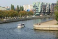 Kaliningrad, Russia - September 2020: Pleasure white boat with tourists on board. Pregolya river in city center Royalty Free Stock Photo