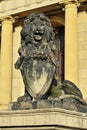 Kaliningrad, Russia - september 30, 2020: Sculpture of a lion on the porch of Koenigsberg Stock exchange. Kaliningrad, Kenigsberg
