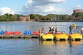 KALININGRAD, RUSSIA. The station of a hire of catamarans on the Top lake