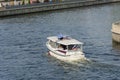 Kaliningrad, Russia - September 2020: White pleasure boat on Pregolya river. Tourist route, excursions by water Royalty Free Stock Photo