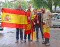 KALININGRAD, RUSSIA. The Spanish fans with a flag of Spain stand on the street. The FIFA World Cup in Russia