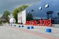 KALININGRAD, RUSSIA. A view of the building of M Museum of the World Ocean with installation of the inscription RUSSIA 2018&