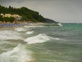 Kallithea, Greece - Rainy weather at sea with dark clouds and big waves Royalty Free Stock Photo