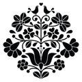 Kalocsai black embroidery - Hungarian floral folk pattern with birds