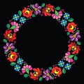 Kalocsai embroidery in circle - Hungarian floral folk pattern on black