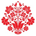 Kalocsai red embroidery - Hungarian floral folk pattern with birds Royalty Free Stock Photo