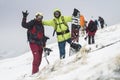 Kaltenbach Ã¢â¬â¹Hochfugen, Austria - 11 Jan, 2020: group of snowboarders on a freeride in the snowy mountain Alps Royalty Free Stock Photo