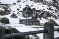 Kaltenbach Ã¢â¬â¹Hochfugen, Austria - 9 Jan, 2020:  old farmhouse under a large stone cliff Royalty Free Stock Photo