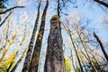 Kaluga region, Russia - November 2017: Slavic pagan idols on the forest temple