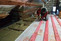 Kaluga, Russia November 1, 2019: mineral wool in the attic, work with waterproofing material, waterproofing film for the attic