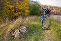 Kaluzhskiy region, Russia - October 2020: Cycling in nature. Beautiful wild landscape and bicycle