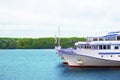Kalyazin district, Volga river, White motor ship on Volga. River cruise. Travelling in Russia. Horizontal with copy space
