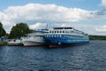 Kalyazin, Russia, July 3, 2023. Two cruise ships are moored side by side. Royalty Free Stock Photo