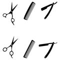 Scissors, comb and razor in black, hairdresser and barber tools Logo