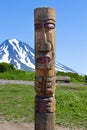 Kamchatka Aboriginal totem pole on volcano