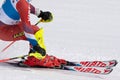 Cropped close-up view of skier sports person skiing down an alpine mountain ski slope Royalty Free Stock Photo