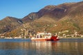 Montenegro. Ferry runs across the narrowest part of Bay of Kotor - Verige Strait Royalty Free Stock Photo