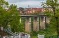 Kamenetz-Podolsky, Ukraine - April 29, 2019: High stone bridge in the old town of Kamenetz-Podolsk