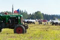 Plowing vintage veteran tractors on field on ploughing championship Royalty Free Stock Photo