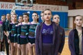 Young athletes listen to the national anthem, championship of the city of Kamenskoye in cheerleading among solos, duets and teams